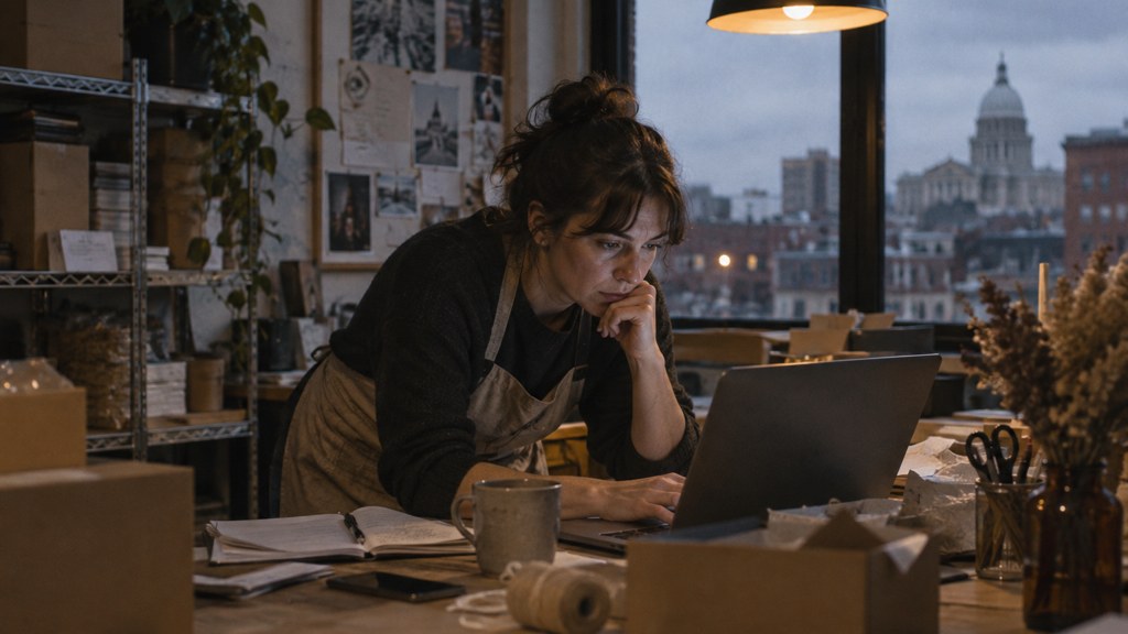 A small-business owner in an apron leaning over a laptop on a cluttered back-office desk late in the day, photographed in Providence