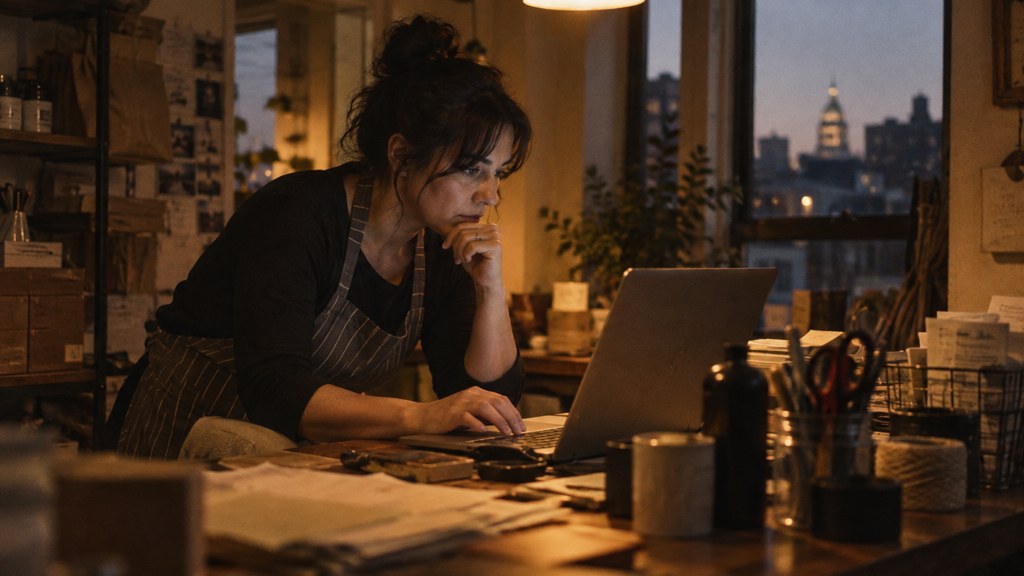 A small-business owner in an apron leaning over a laptop on a cluttered back-office desk late in the day, photographed in Providence