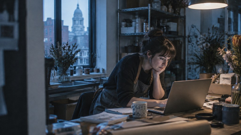 A small-business owner in an apron leaning over a laptop on a cluttered back-office desk late in the day, photographed in Providence