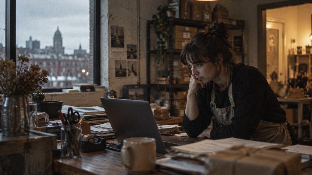 A small-business owner in an apron leaning over a laptop on a cluttered back-office desk late in the day, photographed in Providence