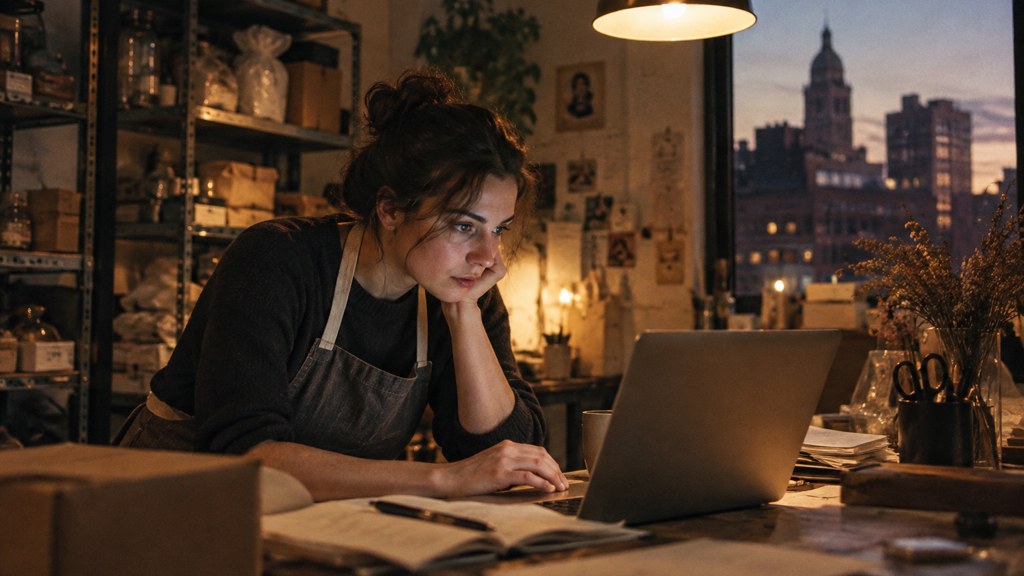 A small-business owner in an apron leaning over a laptop on a cluttered back-office desk late in the day, photographed in Providence