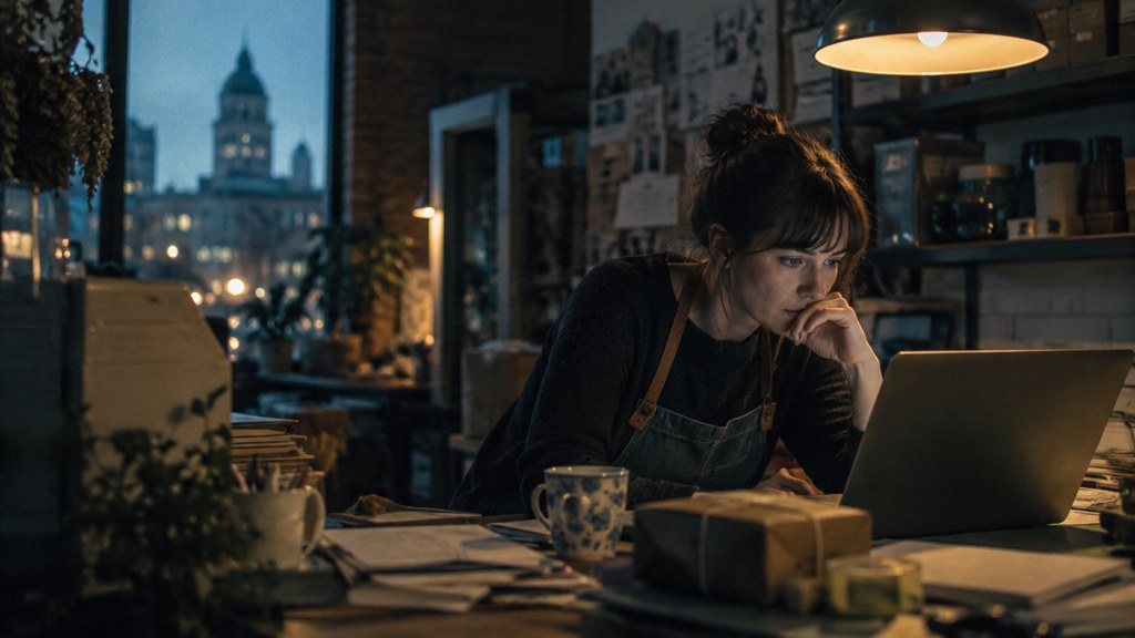 A small-business owner in an apron leaning over a laptop on a cluttered back-office desk late in the day, photographed in Providence