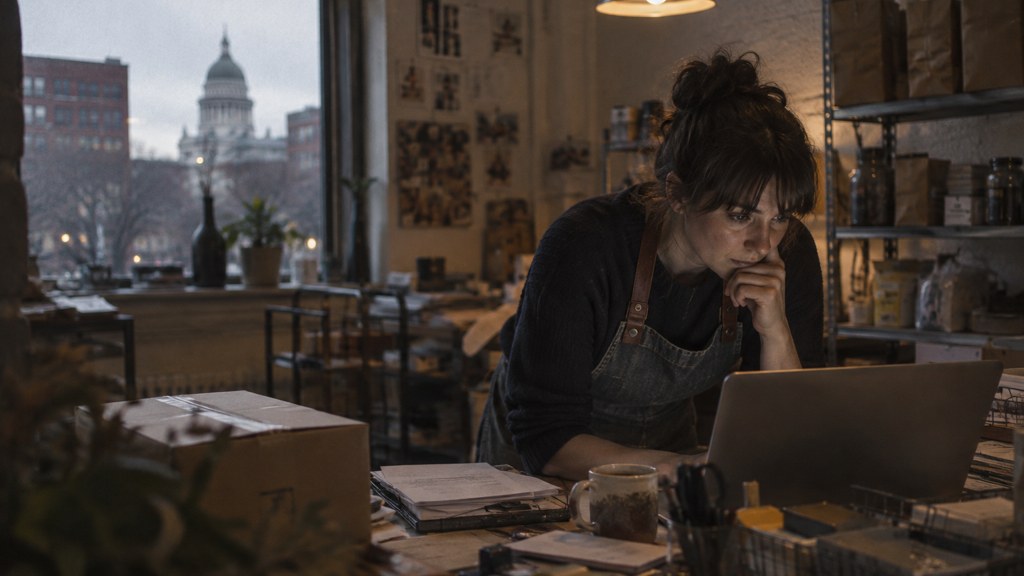 A small-business owner in an apron leaning over a laptop on a cluttered back-office desk late in the day, photographed in Providence