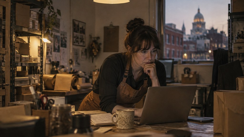 A small-business owner in an apron leaning over a laptop on a cluttered back-office desk late in the day, photographed in Providence