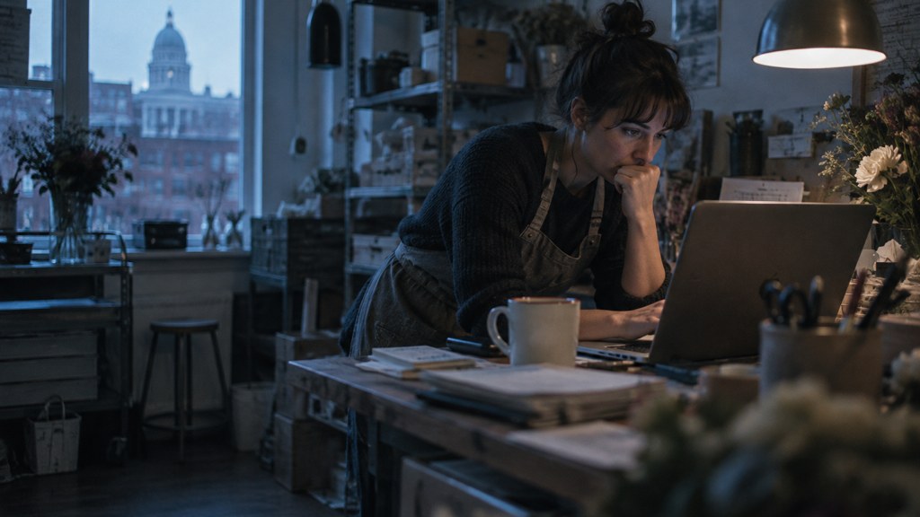 A small-business owner in an apron leaning over a laptop on a cluttered back-office desk late in the day, photographed in Providence