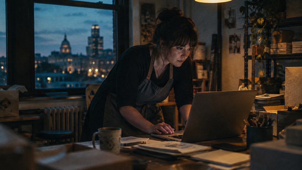A small-business owner in an apron leaning over a laptop on a cluttered back-office desk late in the day, photographed in Providence