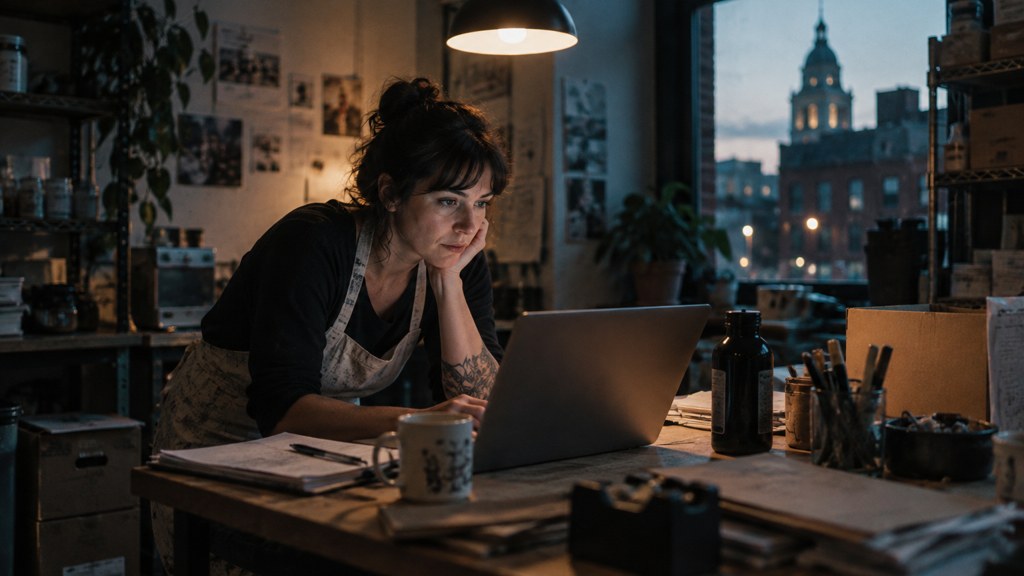 A small-business owner in an apron leaning over a laptop on a cluttered back-office desk late in the day, photographed in Providence