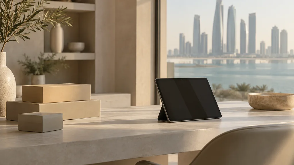 An Abu Dhabi studio with warm desert daylight, unbranded product boxes on a pale stone desk
