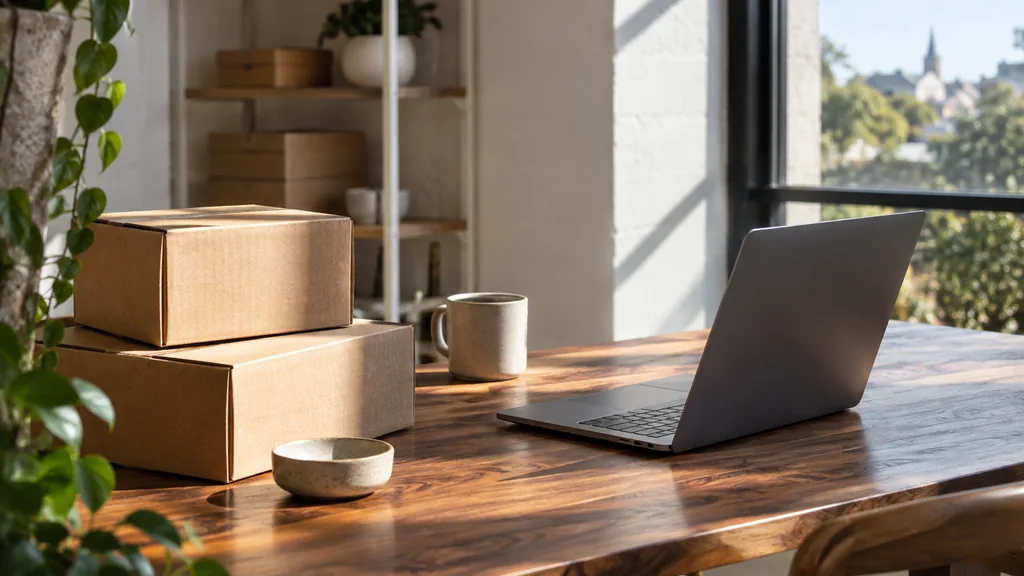An Adelaide studio with clear southern light, unbranded parcels beside a laptop on a spotted gum desk