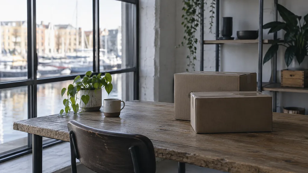 A Bristol harbourside studio with cool west light, plain packing boxes on a reclaimed oak desk