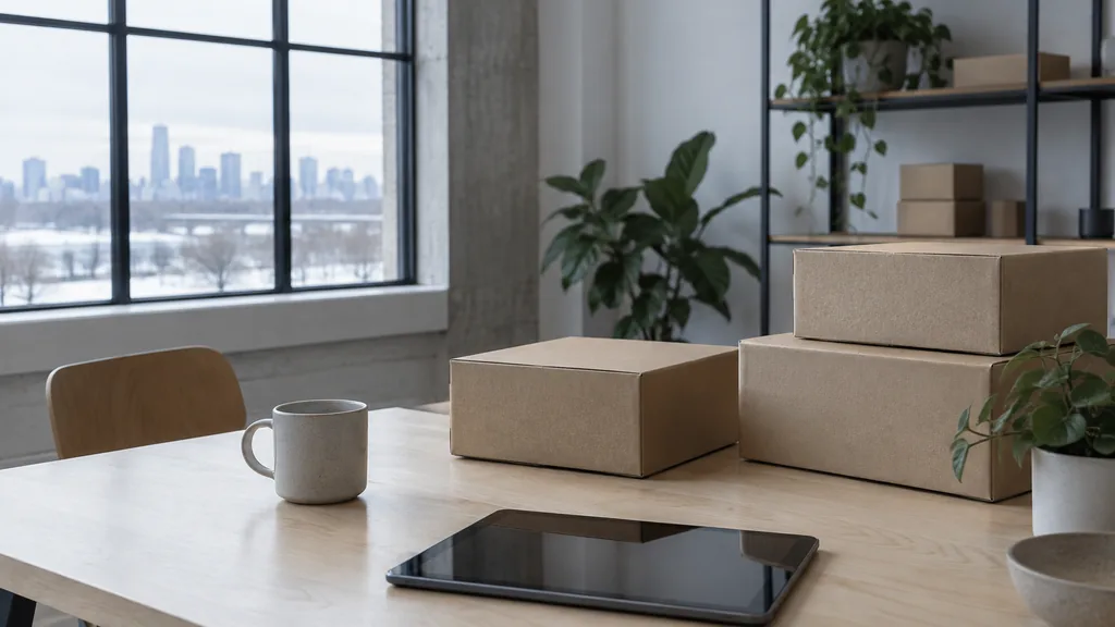 An Edmonton studio with cold northern light, plain parcels and a tablet on a pale birch desk