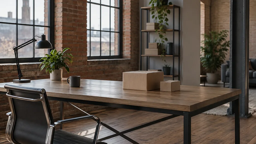 A Leeds mill-conversion studio with soft northern light, unbranded cartons on a steel-framed desk