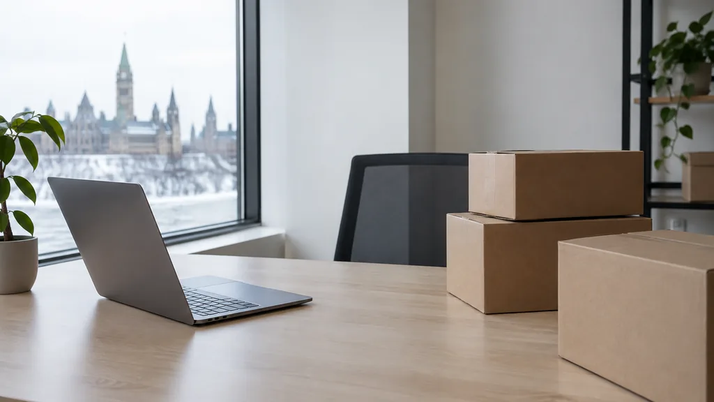 An Ottawa studio with flat winter daylight, plain shipping boxes and a laptop on a light maple desk