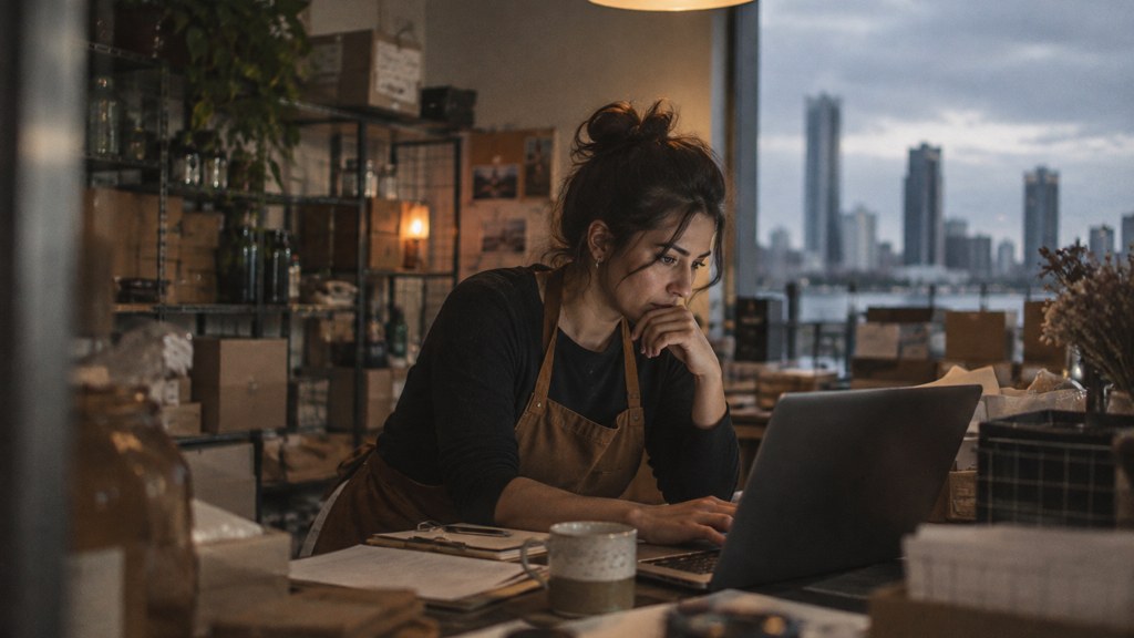 A small-business owner in an apron leaning over a laptop on a cluttered back-office desk late in the day, photographed in Perth