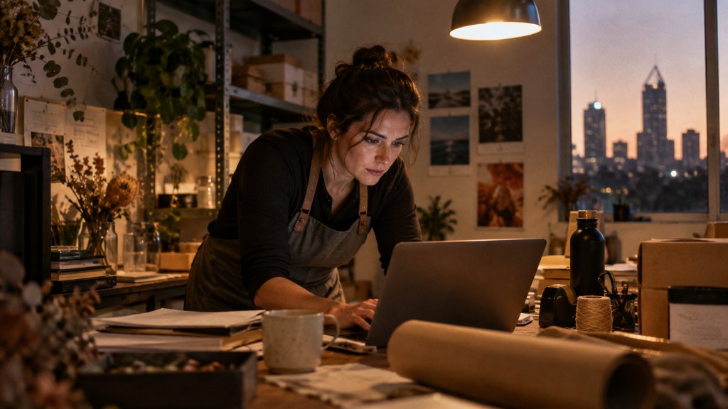 A small-business owner in an apron leaning over a laptop on a cluttered back-office desk late in the day, photographed in Perth