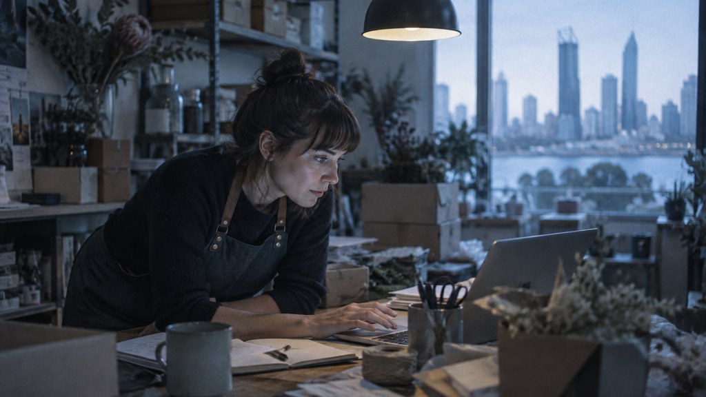 A small-business owner in an apron leaning over a laptop on a cluttered back-office desk late in the day, photographed in Perth
