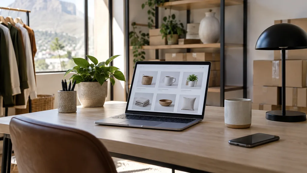 A Johannesburg studio with warm highveld light, unbranded shipping boxes on a brass-trimmed desk