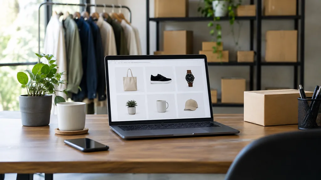 A Kuala Lumpur studio with humid tropical light, plain parcels beside a laptop on a teak desk