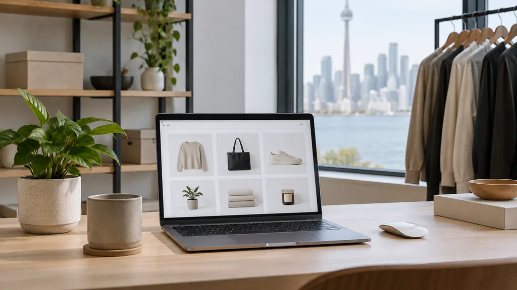 A Mississauga studio with pale daylight, unbranded cartons and a laptop on a maple desk