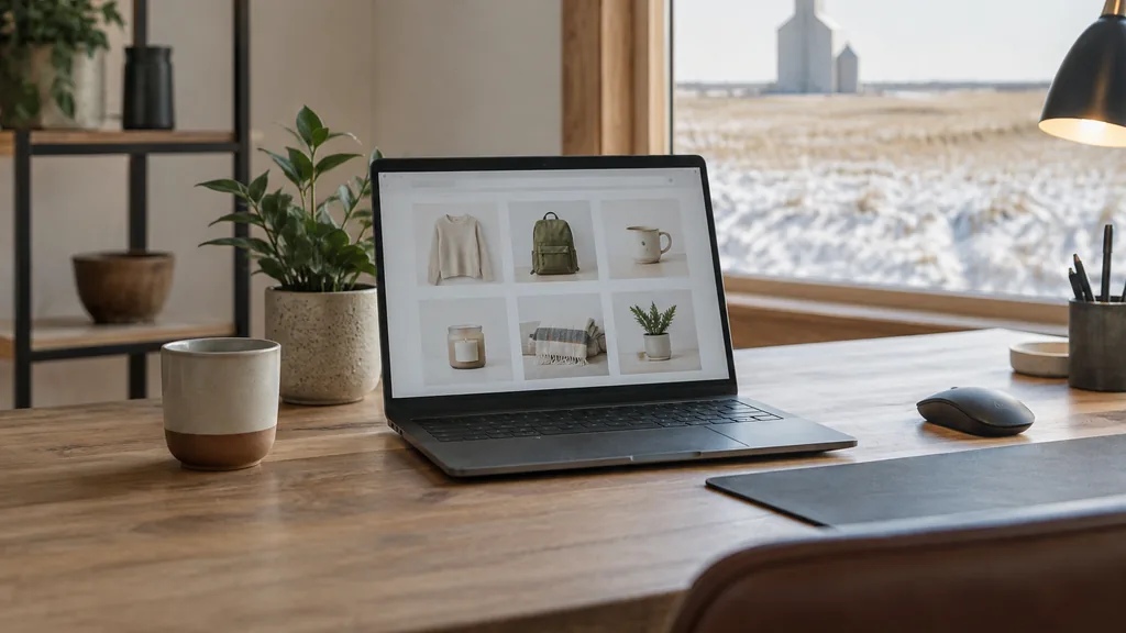 A Winnipeg warehouse studio with cold prairie light, unbranded cartons on a steel desk