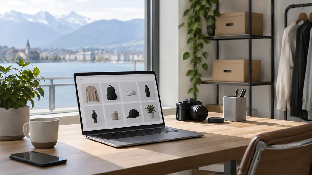 A Zurich studio with crisp alpine light, plain parcels beside a laptop on a pale oak desk