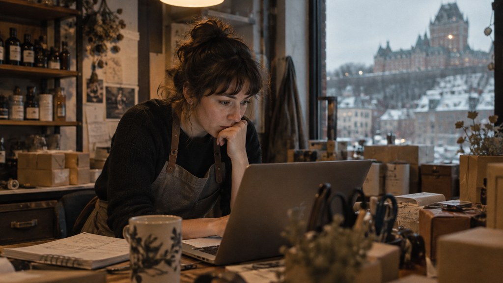 A small-business owner in an apron leaning over a laptop on a cluttered back-office desk late in the day, photographed in Québec City