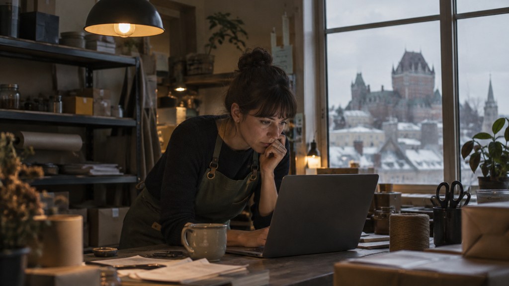 A small-business owner in an apron leaning over a laptop on a cluttered back-office desk late in the day, photographed in Québec City