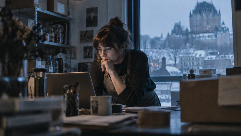 A small-business owner in an apron leaning over a laptop on a cluttered back-office desk late in the day, photographed in Québec City