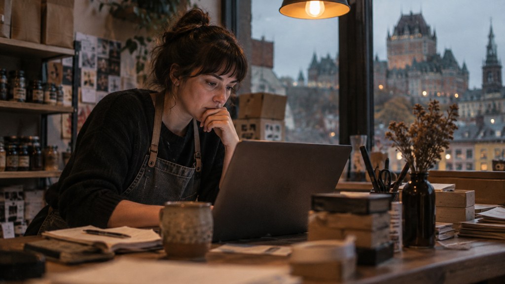 A small-business owner in an apron leaning over a laptop on a cluttered back-office desk late in the day, photographed in Québec City