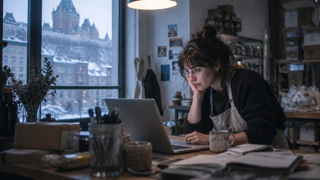 A small-business owner in an apron leaning over a laptop on a cluttered back-office desk late in the day, photographed in Québec City