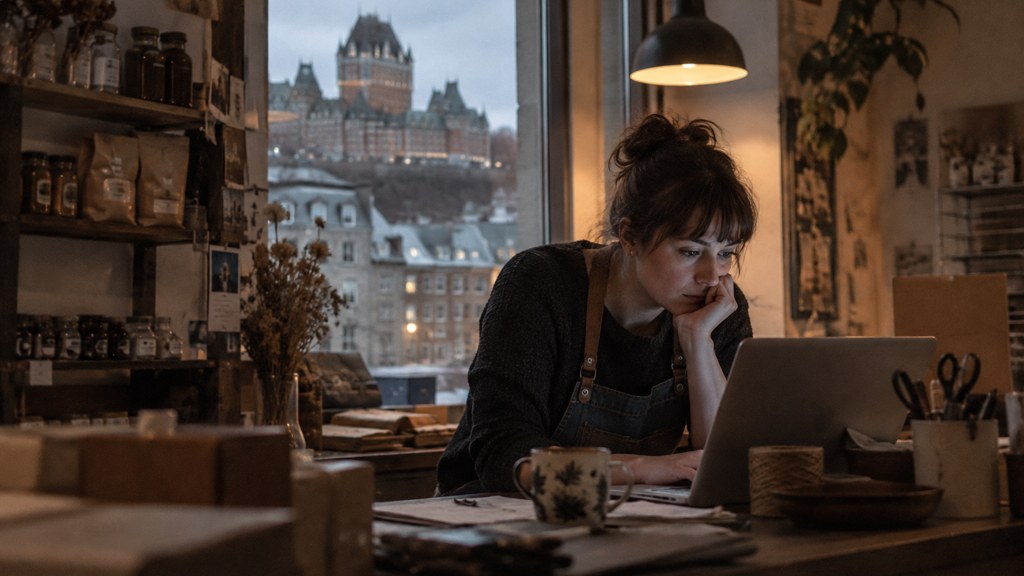 A small-business owner in an apron leaning over a laptop on a cluttered back-office desk late in the day, photographed in Québec City