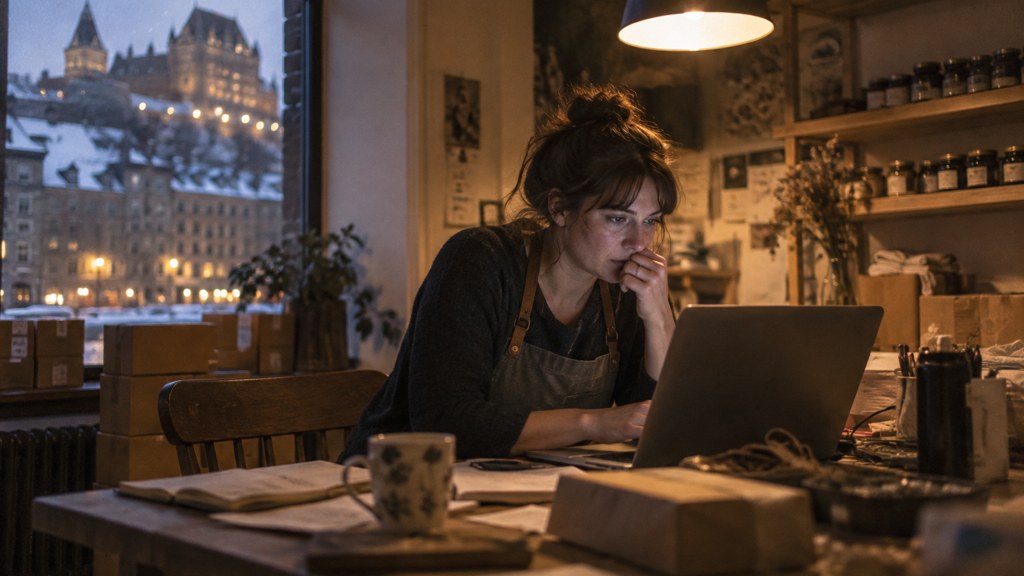 A small-business owner in an apron leaning over a laptop on a cluttered back-office desk late in the day, photographed in Québec City