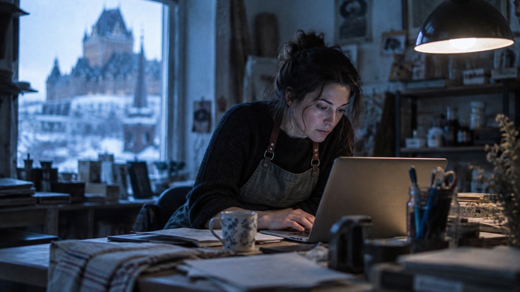A small-business owner in an apron leaning over a laptop on a cluttered back-office desk late in the day, photographed in Québec City