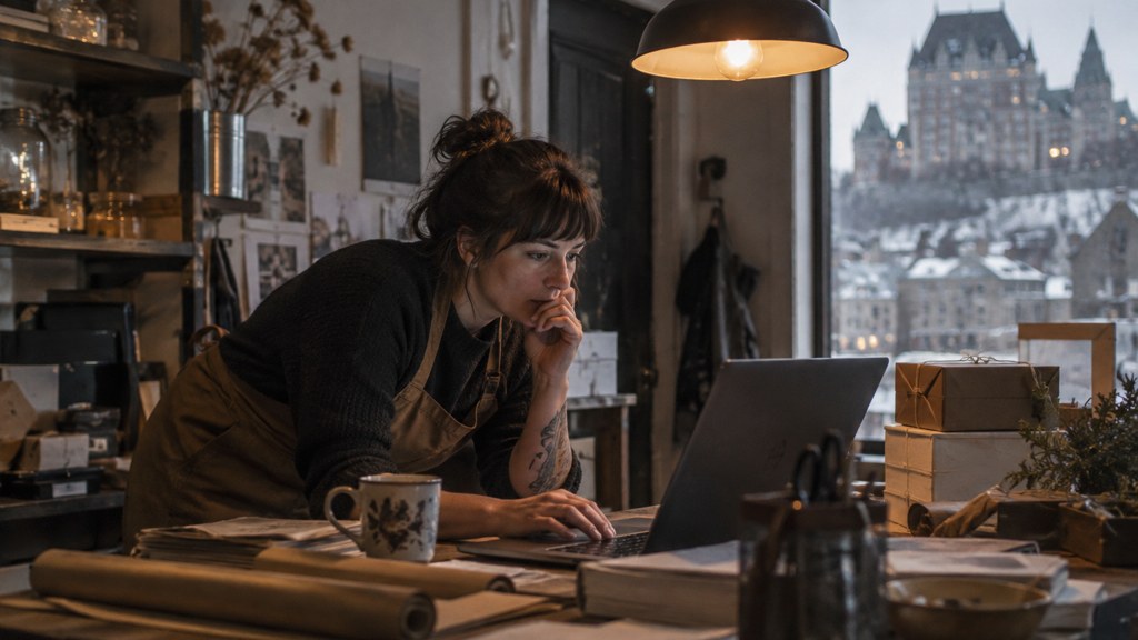 A small-business owner in an apron leaning over a laptop on a cluttered back-office desk late in the day, photographed in Québec City