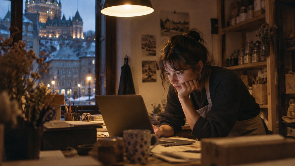 A small-business owner in an apron leaning over a laptop on a cluttered back-office desk late in the day, photographed in Québec City