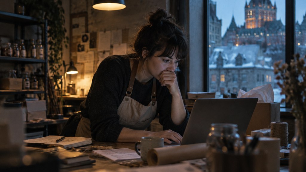 A small-business owner in an apron leaning over a laptop on a cluttered back-office desk late in the day, photographed in Québec City