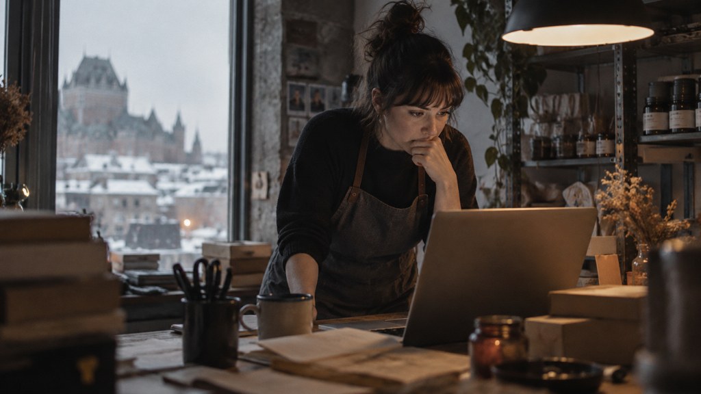 A small-business owner in an apron leaning over a laptop on a cluttered back-office desk late in the day, photographed in Québec City