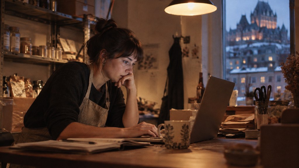A small-business owner in an apron leaning over a laptop on a cluttered back-office desk late in the day, photographed in Québec City