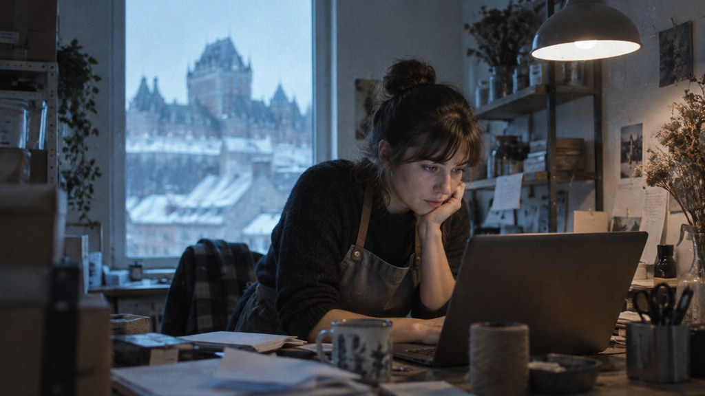 A small-business owner in an apron leaning over a laptop on a cluttered back-office desk late in the day, photographed in Québec City