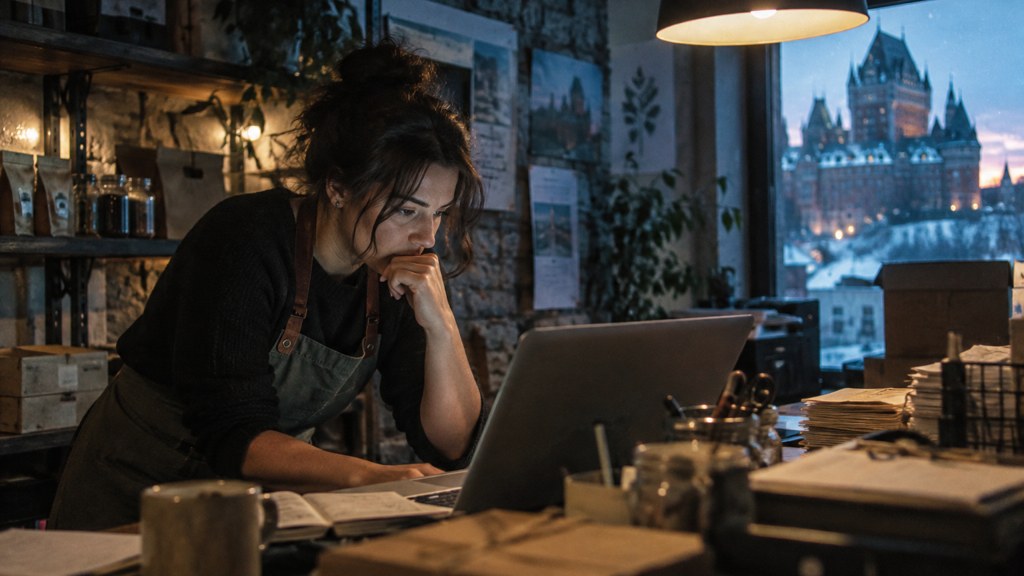 A small-business owner in an apron leaning over a laptop on a cluttered back-office desk late in the day, photographed in Québec City