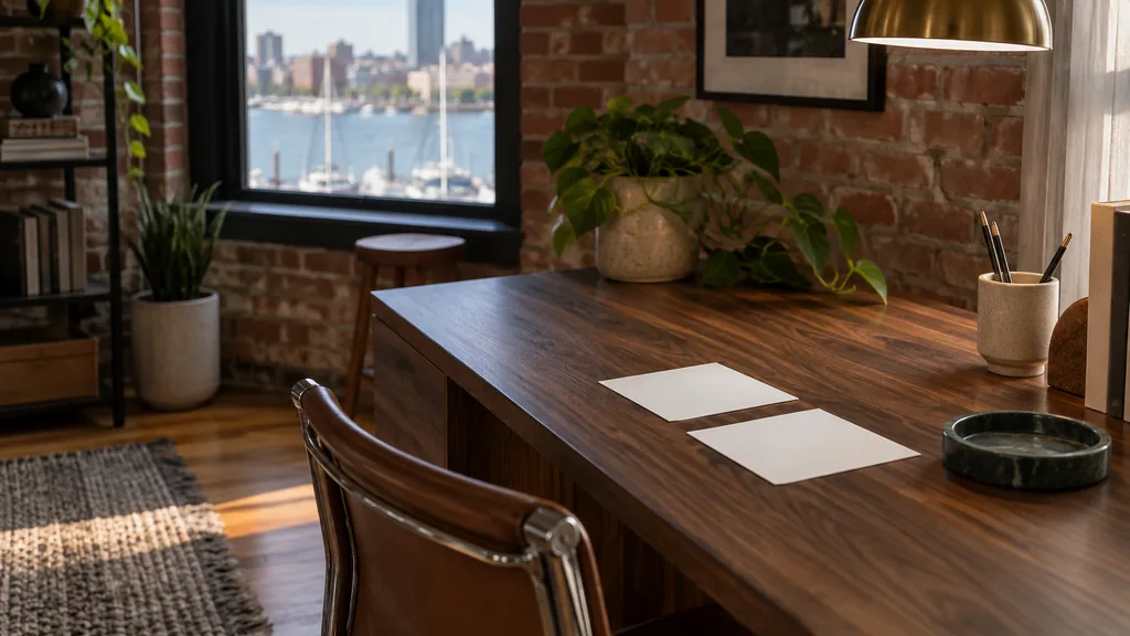 A Baltimore rowhouse content studio desk with editorial cards on dark oak in soft harbour light