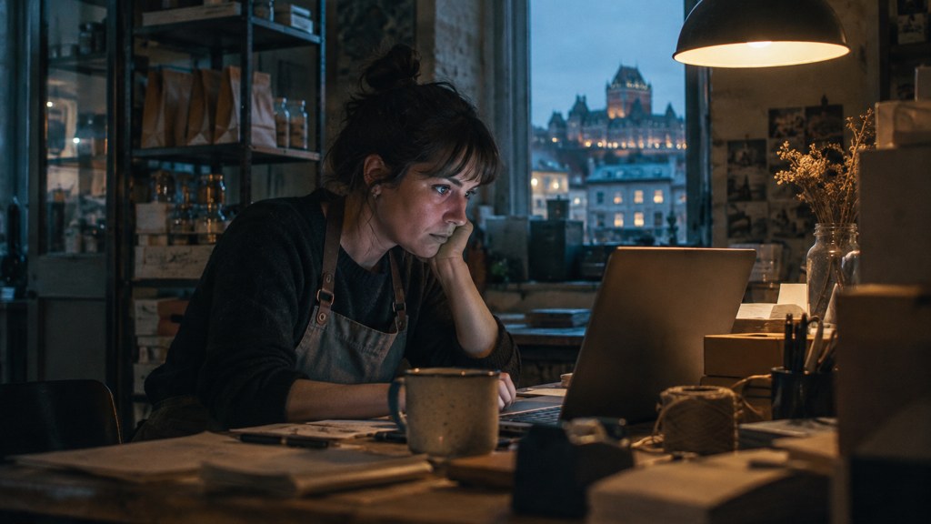 A small-business owner in an apron leaning over a laptop on a cluttered back-office desk late in the day, photographed in Québec City