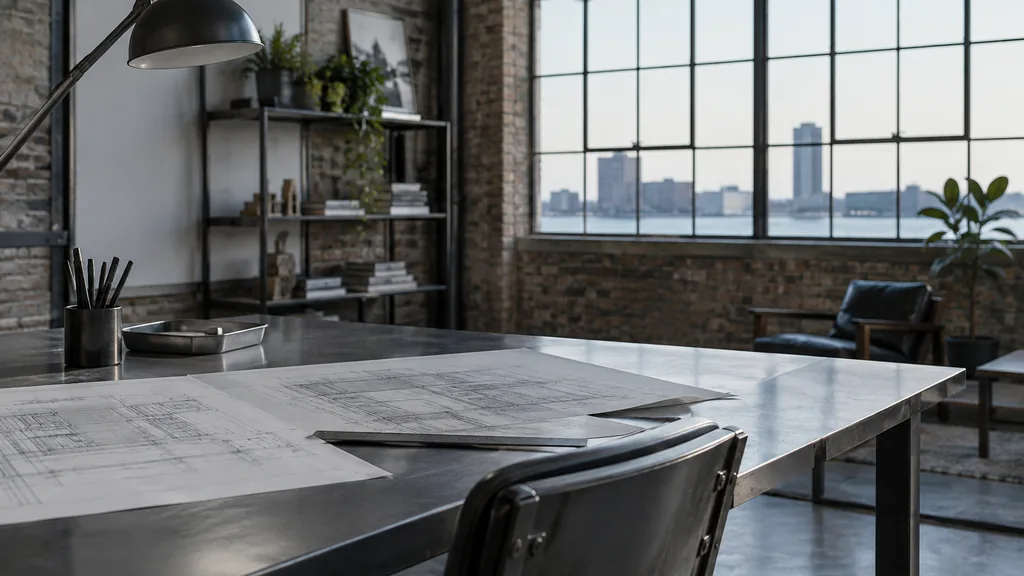 A Buffalo warehouse content studio desk with printed briefs on steel in cold lake light
