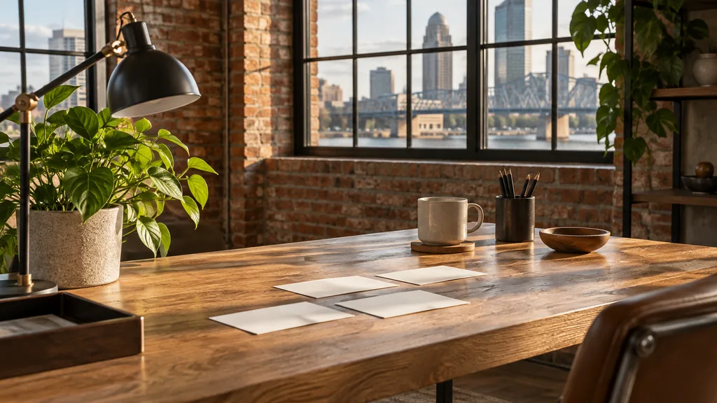 A Louisville brick content studio desk with article outlines on walnut in warm afternoon light