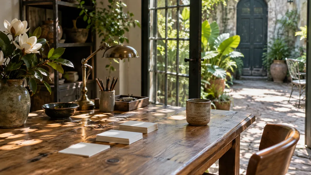 A New Orleans courtyard content studio desk with story cards on cypress in humid golden light