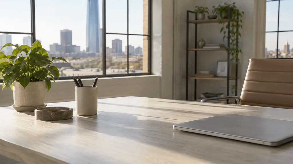 An Oklahoma City content studio desk with planning cards on pale ash in bright prairie light