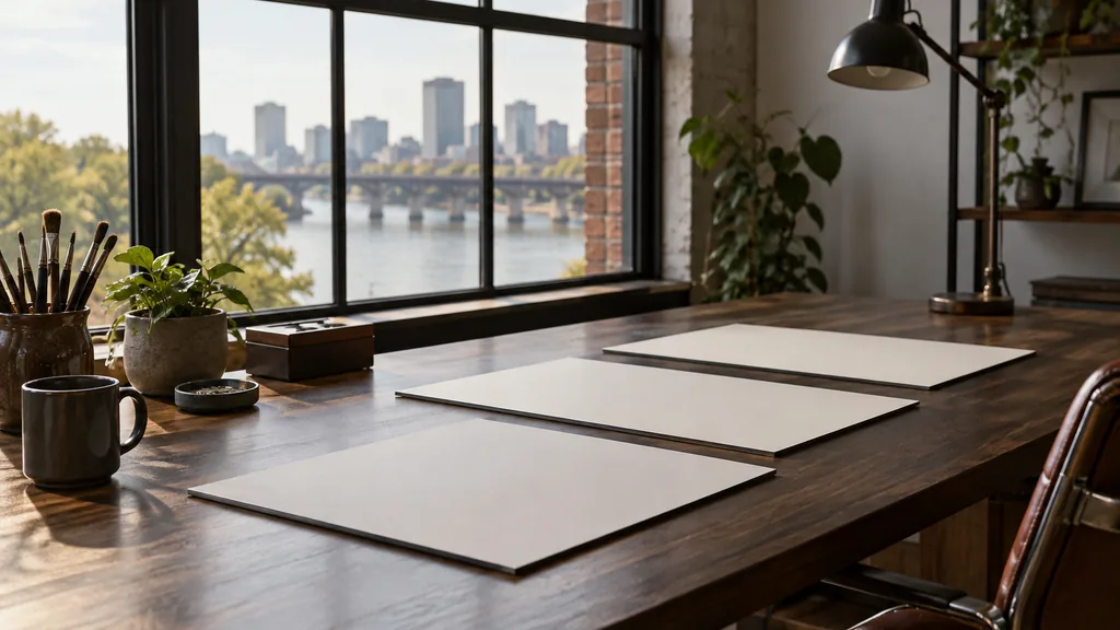A Richmond tobacco-row content studio desk with index cards on reclaimed oak in soft river light