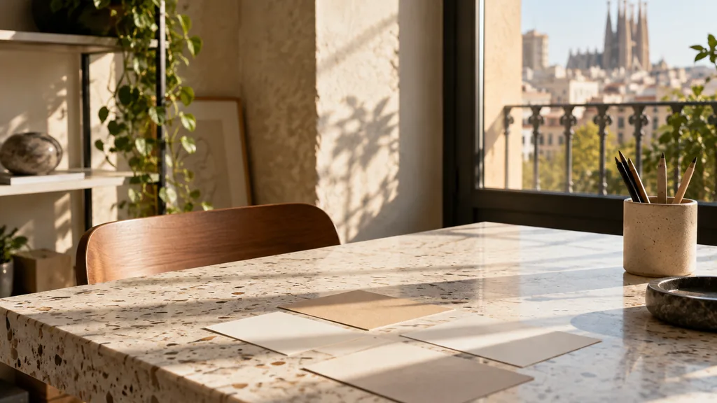 A Barcelona modernista content studio desk with outlines on a tiled surface in warm Mediterranean light