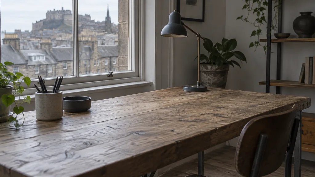An Edinburgh new-town content studio desk with briefs on dark mahogany in cool northern light