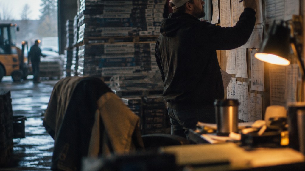 Roofing operations director marking up printed market sales reports taped to a warehouse office wall